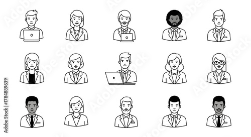 A collection of diverse business people icons, showcasing various professions and demographics in a clean, modern style.