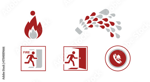 Fire safety icons: flame, sprinkler, exit signs, and emergency call button.