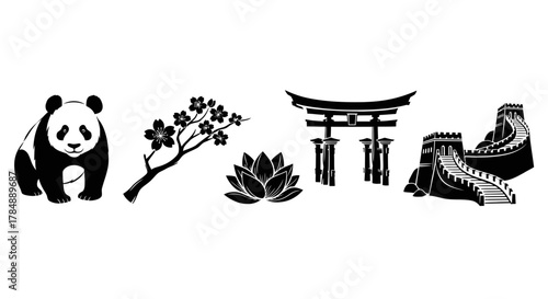 Black and white silhouettes of iconic Asian symbols including a panda, cherry blossom, lotus, torii gate, and the Great Wall.