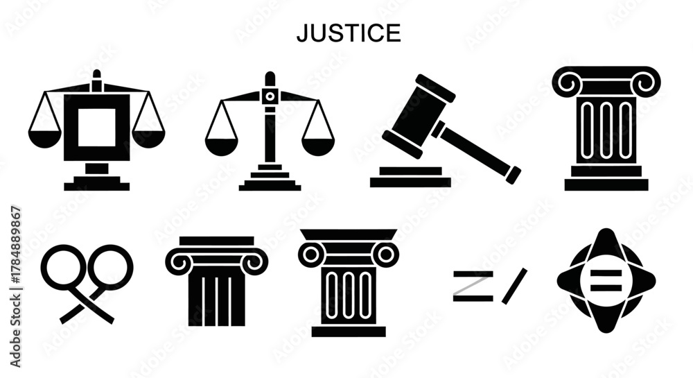 Obraz premium A collection of black silhouette icons representing justice, law, and legal concepts on a white background.