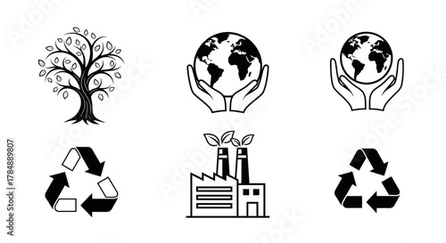 Environmental icons: tree, globe in hands, recycling symbol, factory.