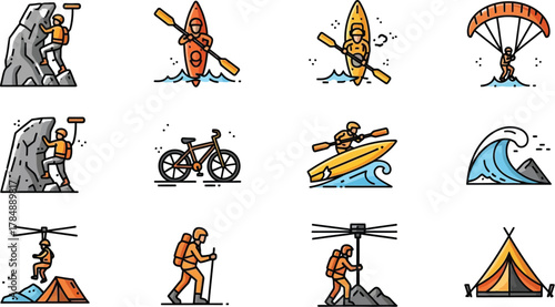 Vibrant icons depict thrilling outdoor adventure and extreme sports activities.