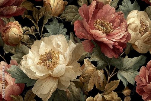 Fototapeta Naklejka Na Ścianę i Meble -  Elegant and luxurious oil-painting seamless pattern with large blooming peonies in pastel pink and cream