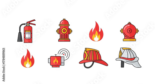 A collection of colorful flat design icons related to firefighting and fire safety equipment on a white background.