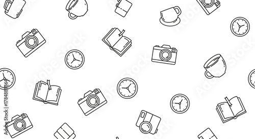 Seamless pattern of line art icons featuring cameras, books, cups, and clocks on a white background.