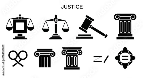 A collection of black silhouette icons representing justice, law, and legal concepts on a white background.