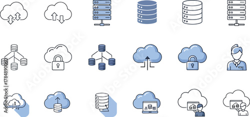 Collection of cloud computing and data storage icons representing security, upload, and network connections.
