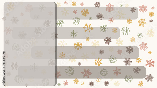 Abstract vector template. Features horizontal bars over muted snowflake patterns with a large sidebar copy space. Ideal for corporate winter data, seasonal reports, or holiday branding.
