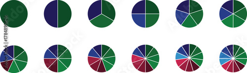 Pie charts diagram set.  Different color circles isolated. Circle section graph. Circle pie charts 1,2,3,4,5,6,7,8,9,10,11,12 sections.