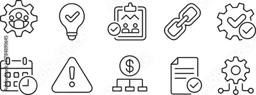Project Management Icon Set — Business, Planning, Strategy, and Collaboration Line Vector Illustration