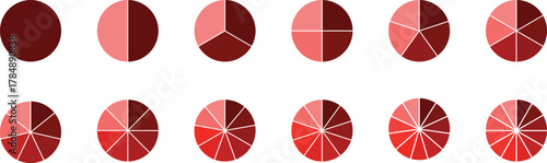 Pie charts diagram set.  Different color circles isolated. Circle section graph. Circle pie charts 1,2,3,4,5,6,7,8,9,10,11,12 sections.