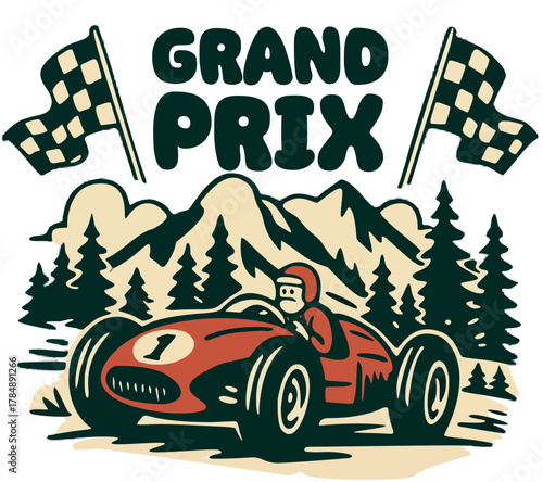 Grand Prix Race Car Illustration with Mountain Background and Checkered Flags