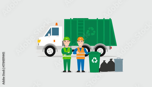 Illustration of two sanitation workers standing beside a recycling truck and bins on a clean white background with a green and orange color scheme.