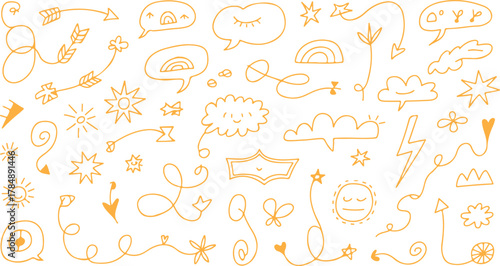 Cute hand drawn cartoon seamless vector pattern set with sketched letters, numbers, and decorative elements