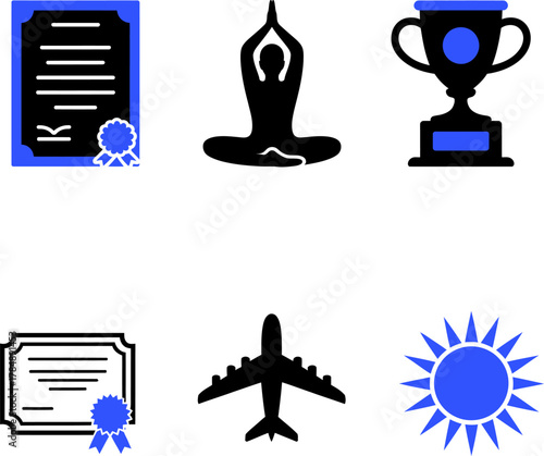 Symbolic Representation of Achievements Wellness and Travel in a Vector Graphic Collection Featuring a Certificate Yoga Airplane and Sun