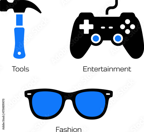 Tools Entertainment and Fashion icons flat design in blue and black on white background presenting different human activities