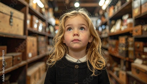 Wallpaper Mural Child in Vintage Store Aisle Surrounded by Wooden Shelves and Antique Items Wearing Dark Coat with White Collar, Capturing Innocence, Nostalgia, and Timeless Atmosphere in Warm Lighting Torontodigital.ca
