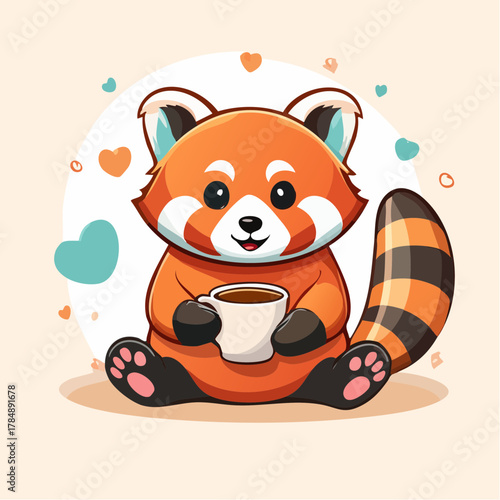 Cute red panda cartoon sitting with a cup of coffee in a warm pastel illustration