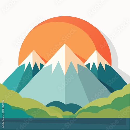 Stylized mountain landscape with sun setting behind peaks and rolling hills in vivid color palette