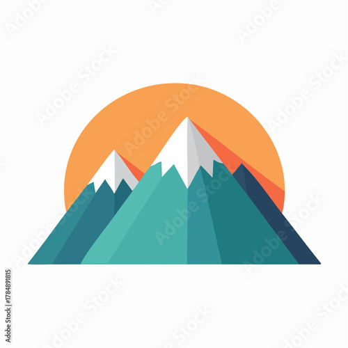Vector illustration of mountains with snowy peaks and orange sun setting behind turquoise hills
