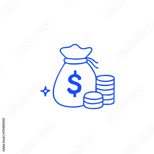 Bag with dollar sign and stack of coins; blue lines