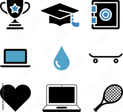Variety of Icons Representing Achievement Education Finance and Leisure Activities with Clean Design and Modern Aesthetics