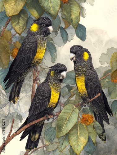 Three yellow tiled black cocatoos