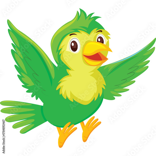 Cartoon Green Bird With Yellow Chest And Orange Feet Flying With Wings Spread Open On A Transparent Background