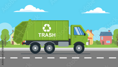 Green recycling trash truck driving on a suburban street with houses and trees under a blue sky.