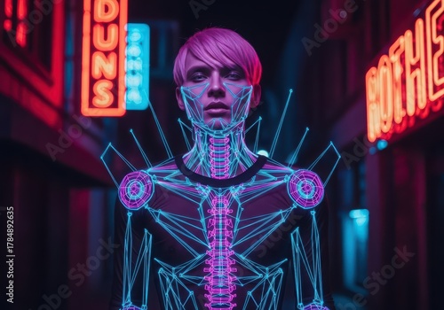 Person with pink hair featuring a cybernetic wireframe body glowing in neon blue and purple, representing futuristic technology and augmented reality.