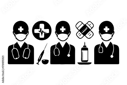 Medical icons representing healthcare professionals, medical supplies and emergency services