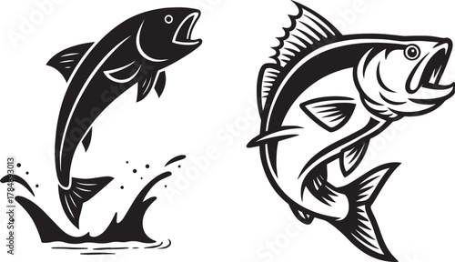 Two Dynamic Black and White Leaping Fish Illustrations