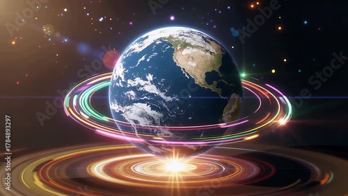 Futuristic glowing globe with multicolored orbital rings rotating above luminous energy background