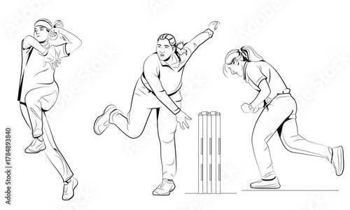 Woman Cricketer Bowling in Action, Woman Athlete Bowling in Cricket Game, Hand drawn line style vector illustrations