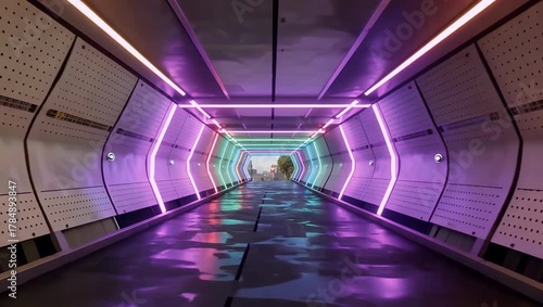 Futuristic neon lit tunnel with reflective wet floor and symmetrical led panels