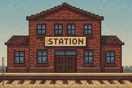 Pixel art train station building with red bricks and classic design in retro style