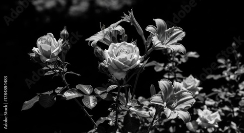 Elegant monochrome floral composition with roses and lilies. High contrast black and white garden scene. Artistic botanical display for sympathy or remembrance. Timeless natural beauty