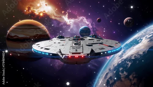 Futuristic spaceship gliding through colorful nebula with planets and asteroid field