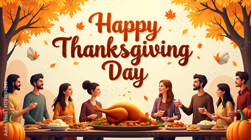 Happy Thanksgiving Day background, featuring hand-lettered calligraphy text surrounded by autumn-themed illustrations