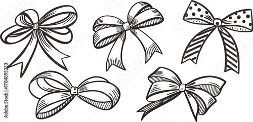 A collection of six different hand-drawn bow illustrations are arranged against a stark white background. The bows are drawn in a detailed, monochromatic ink-sketch style, utilizing cross-hatching and