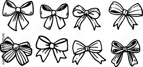 A collection of six different hand-drawn bow illustrations are arranged against a stark white background. The bows are drawn in a detailed, monochromatic ink-sketch style, utilizing cross-hatching and