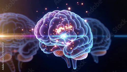 Glowing human brain neural network illustration with synapse sparks and dynamic lighting