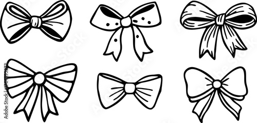 A collection of six different hand-drawn bow illustrations are arranged against a stark white background. The bows are drawn in a detailed, monochromatic ink-sketch style, utilizing cross-hatching and