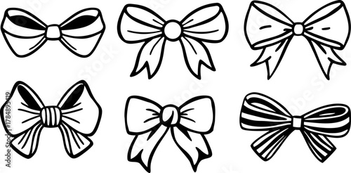 A collection of six different hand-drawn bow illustrations are arranged against a stark white background. The bows are drawn in a detailed, monochromatic ink-sketch style, utilizing cross-hatching and