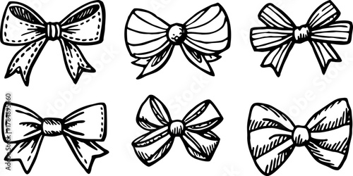 A collection of six different hand-drawn bow illustrations are arranged against a stark white background. The bows are drawn in a detailed, monochromatic ink-sketch style, utilizing cross-hatching and
