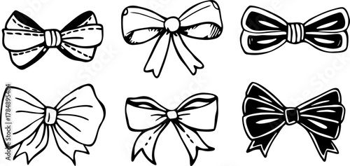 A collection of six different hand-drawn bow illustrations are arranged against a stark white background. The bows are drawn in a detailed, monochromatic ink-sketch style, utilizing cross-hatching and