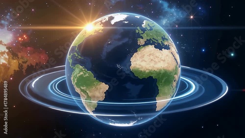 Realistic glowing planet with luminous orbital rings in a dramatic cosmic space vista