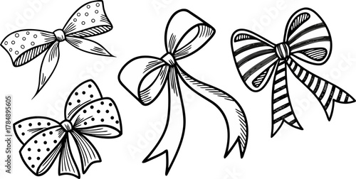 A collection of six different hand-drawn bow illustrations are arranged against a stark white background. The bows are drawn in a detailed, monochromatic ink-sketch style, utilizing cross-hatching and