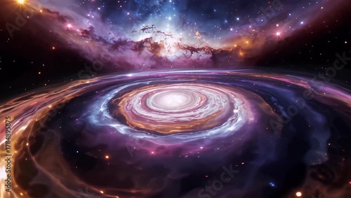 Spiral galaxy vortex swirling cosmic disk with nebula glow and stellar dust
