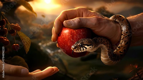 Adam's hand with coiled serpent offers forbidden red apple to Eve's open hand in a vibrant garden paradise. Symbolic fall of man and divine expulsion.